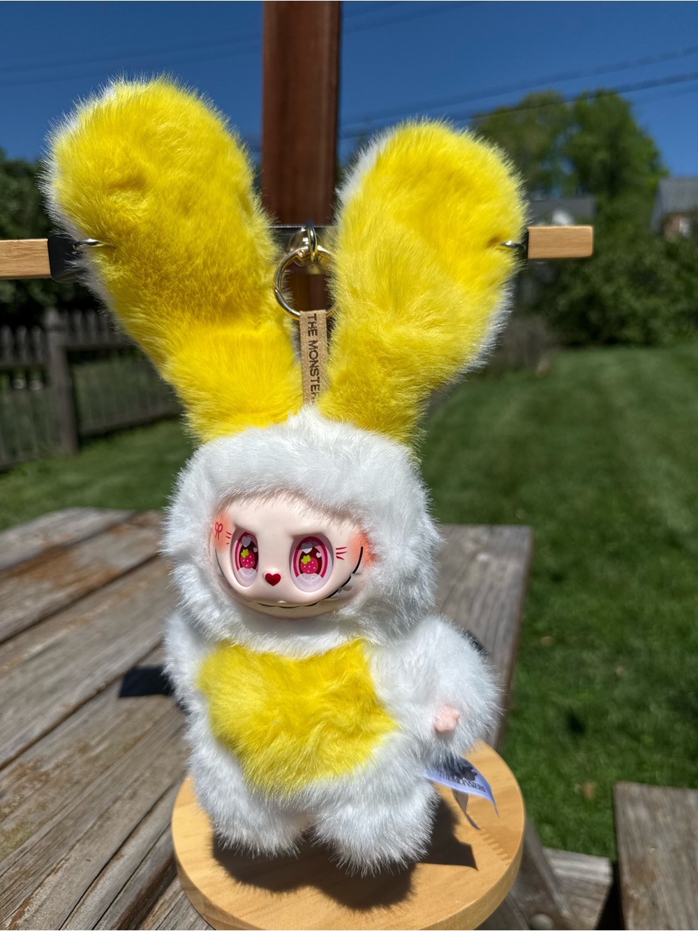 Cute White Yellow Labubu Bunny Plush Keychain strawberry Eyes not from Pop Mart